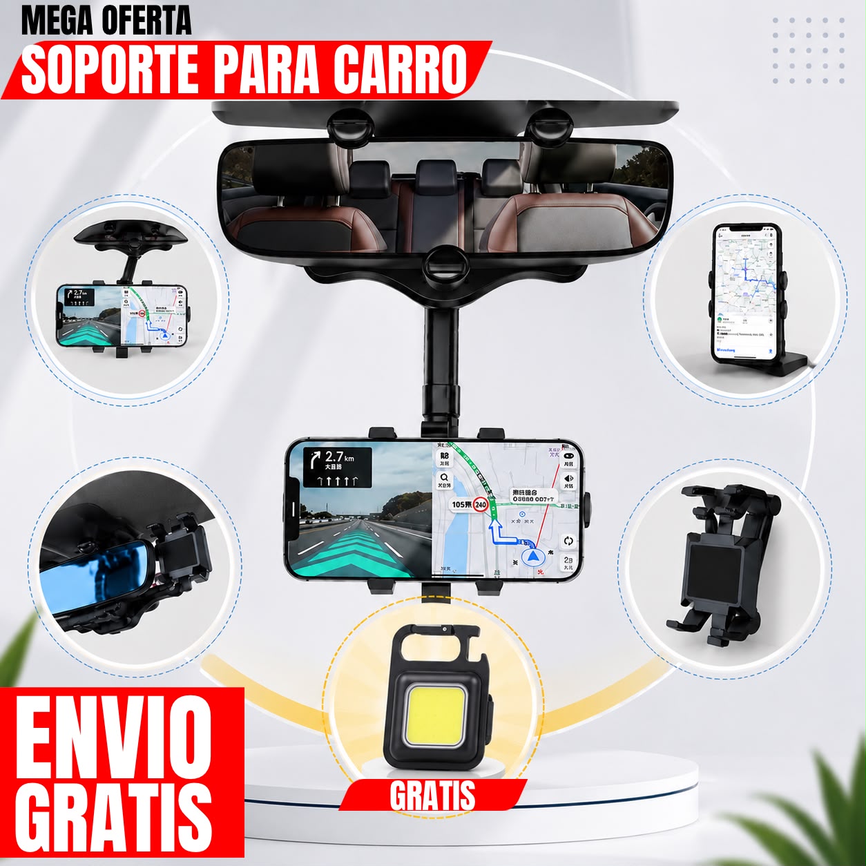 SOPORTE PARA CARRO RETROVISOR + LINTERNA GRATIS