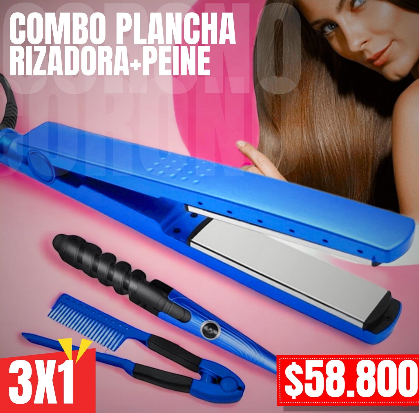 COMBO PLANCHA+RIZADOR+PEINE PROFESIONAL