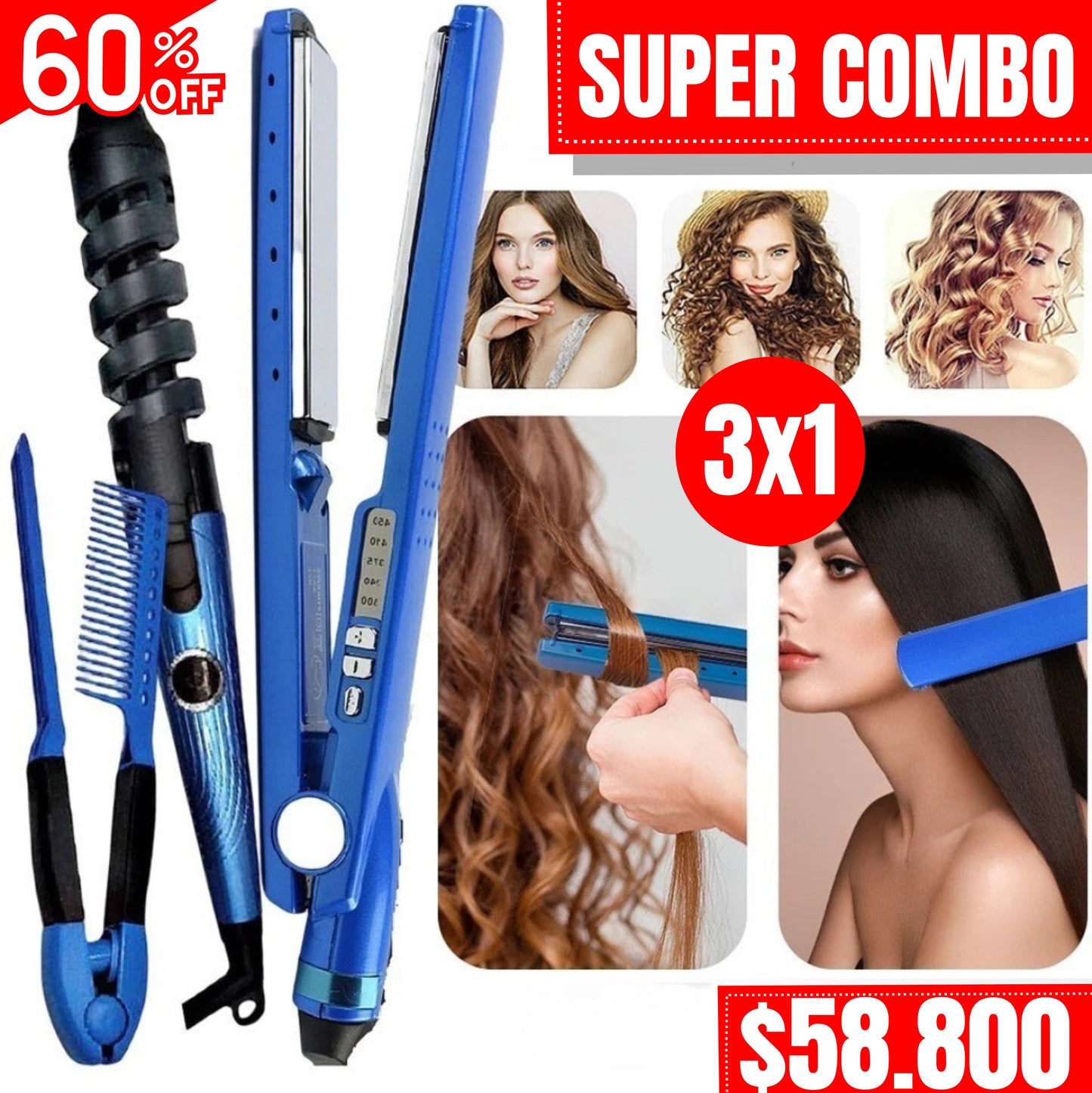 COMBO PLANCHA+RIZADOR+PEINE PROFESIONAL
