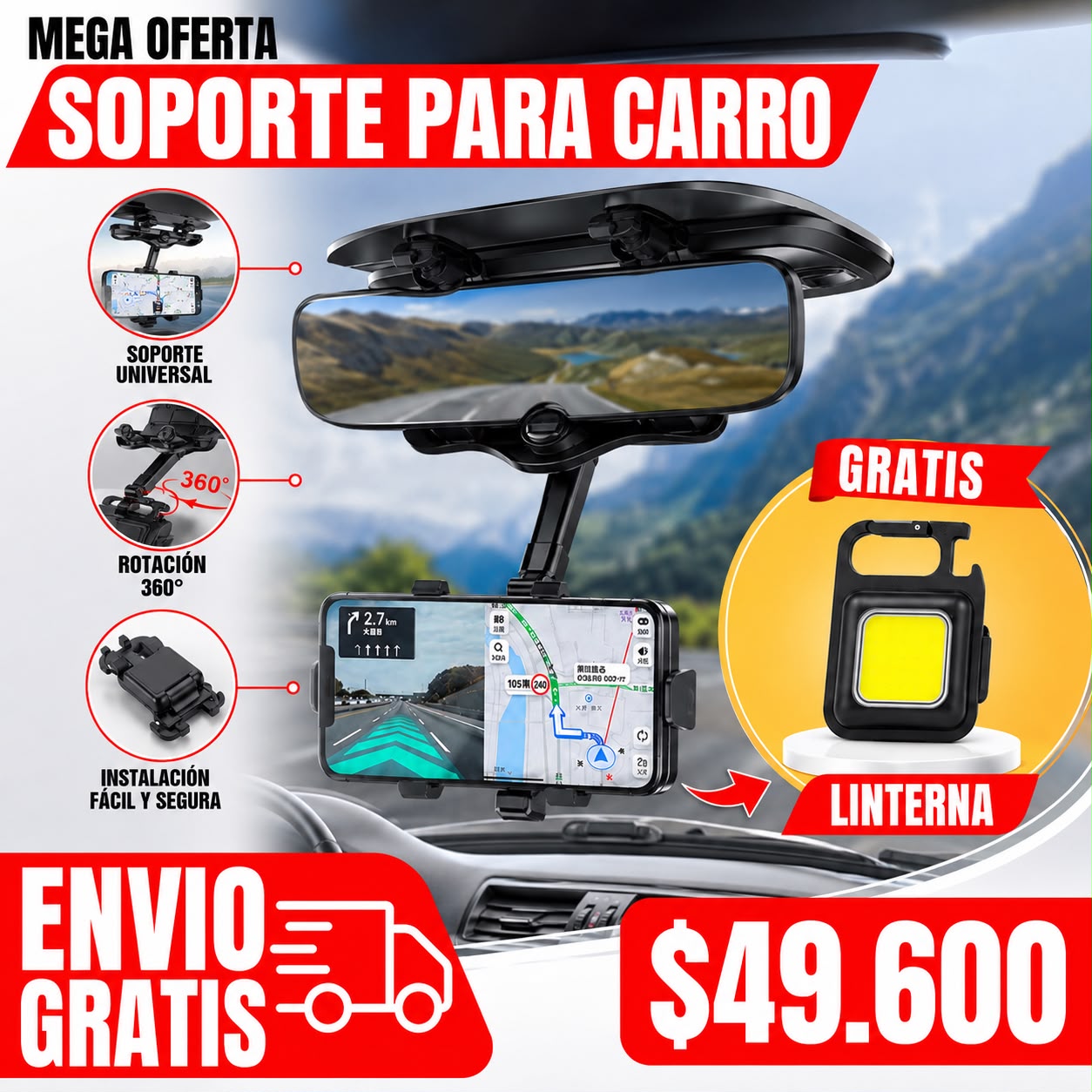 SOPORTE PARA CARRO RETROVISOR + LINTERNA GRATIS
